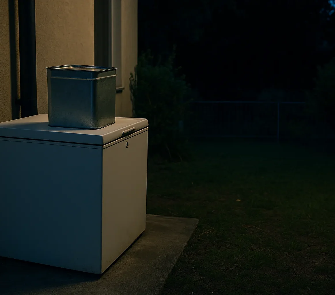 Καταψύκτης σε αυλή μονοκατοικίας τη νύχτα, με έναν τενεκέ τυρί πάνω του, σε σκηνή φωτισμένη από χαμηλό εξωτερικό φως.