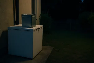 Καταψύκτης σε αυλή μονοκατοικίας τη νύχτα, με έναν τενεκέ τυρί πάνω του, σε σκηνή φωτισμένη από χαμηλό εξωτερικό φως.