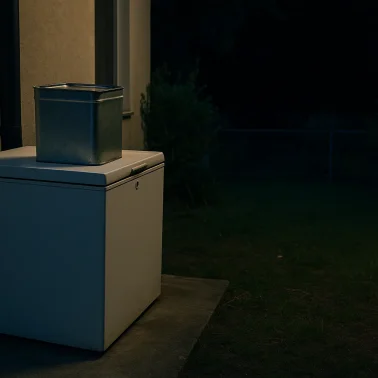 Καταψύκτης σε αυλή μονοκατοικίας τη νύχτα, με έναν τενεκέ τυρί πάνω του, σε σκηνή φωτισμένη από χαμηλό εξωτερικό φως.