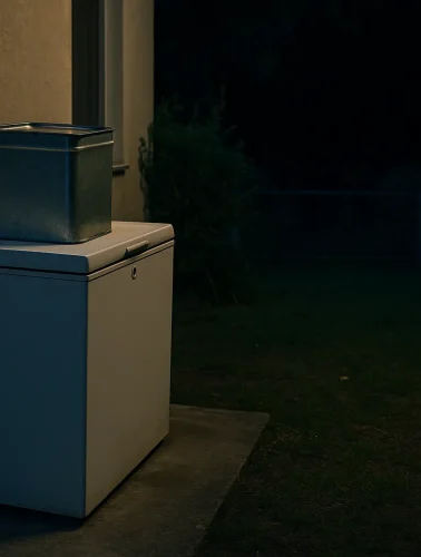 Καταψύκτης σε αυλή μονοκατοικίας τη νύχτα, με έναν τενεκέ τυρί πάνω του, σε σκηνή φωτισμένη από χαμηλό εξωτερικό φως.