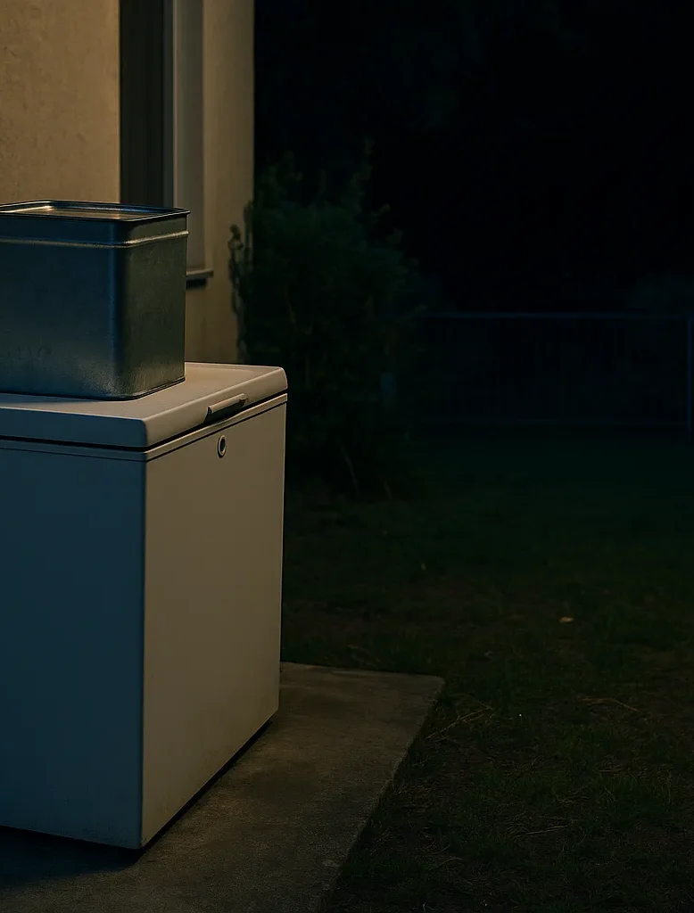 Καταψύκτης σε αυλή μονοκατοικίας τη νύχτα, με έναν τενεκέ τυρί πάνω του, σε σκηνή φωτισμένη από χαμηλό εξωτερικό φως.