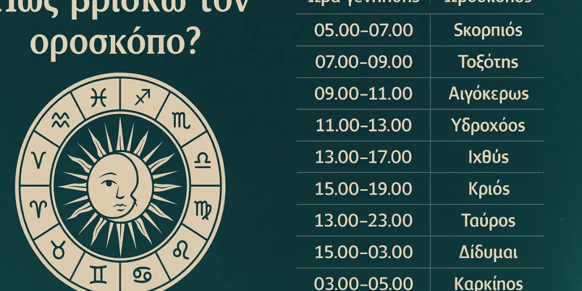 Αστρολογικός πίνακας με ώρες γέννησης και ωροσκόπο – εικονογράφηση ζωδιακού κύκλου και ανατολής, για το άρθρο Πώς βρίσκω τον ωροσκόπο;