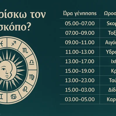 Αστρολογικός πίνακας με ώρες γέννησης και ωροσκόπο – εικονογράφηση ζωδιακού κύκλου και ανατολής, για το άρθρο Πώς βρίσκω τον ωροσκόπο;