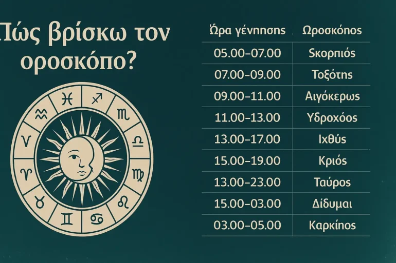 Αστρολογικός πίνακας με ώρες γέννησης και ωροσκόπο – εικονογράφηση ζωδιακού κύκλου και ανατολής, για το άρθρο Πώς βρίσκω τον ωροσκόπο;