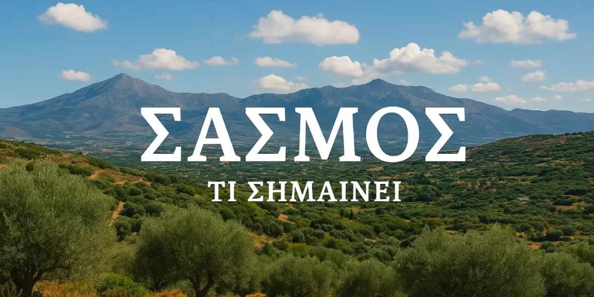 Κρητικό τοπίο με ελαιώνες και βουνά, με επιγραφή «ΣΑΣΜΟΣ – ΤΙ ΣΗΜΑΙΝΕΙ» στο κέντρο της εικόνας.