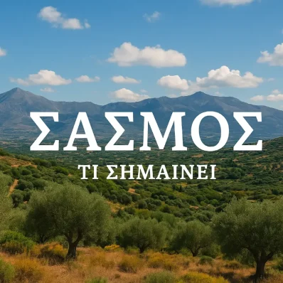 Κρητικό τοπίο με ελαιώνες και βουνά, με επιγραφή «ΣΑΣΜΟΣ – ΤΙ ΣΗΜΑΙΝΕΙ» στο κέντρο της εικόνας.
