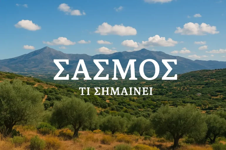 Κρητικό τοπίο με ελαιώνες και βουνά, με επιγραφή «ΣΑΣΜΟΣ – ΤΙ ΣΗΜΑΙΝΕΙ» στο κέντρο της εικόνας.