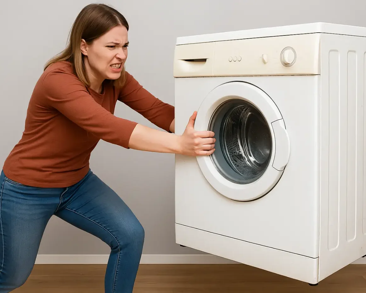 Γυναίκα προσπαθεί να μετακινήσει ένα παλιό πλυντήριο ρούχων, συμβολίζοντας το πρόγραμμα «Αλλάζω Συσκευή 2» για αντικατάσταση παλιών συσκευών με νέες.