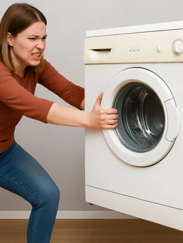 Γυναίκα προσπαθεί να μετακινήσει ένα παλιό πλυντήριο ρούχων, συμβολίζοντας το πρόγραμμα «Αλλάζω Συσκευή 2» για αντικατάσταση παλιών συσκευών με νέες.