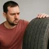 Άνδρας κοιτάζει προσεκτικά ένα φθαρμένο ελαστικό αυτοκινήτου, συμβολίζοντας την ανάγκη αντικατάστασης και τη συζήτηση για το επίδομα ελαστικών.