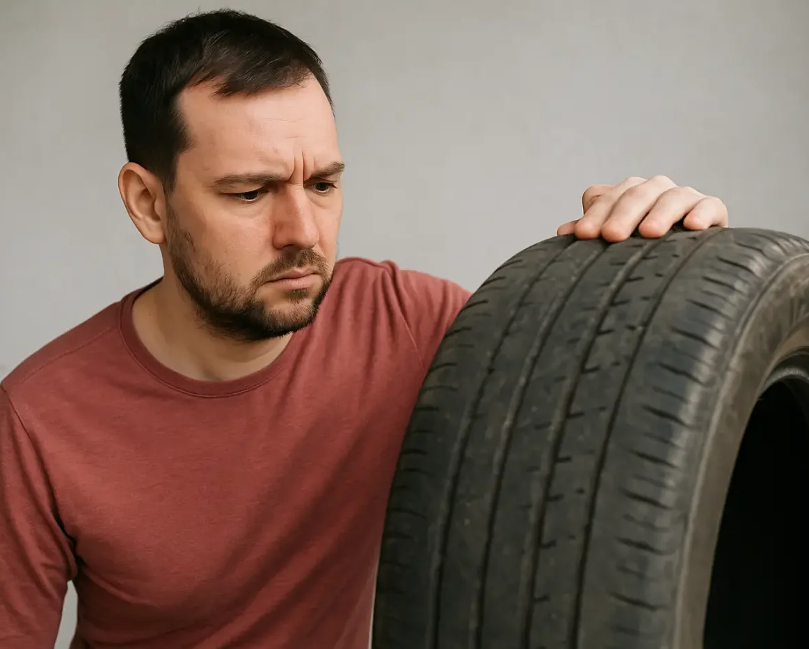 Άνδρας κοιτάζει προσεκτικά ένα φθαρμένο ελαστικό αυτοκινήτου, συμβολίζοντας την ανάγκη αντικατάστασης και τη συζήτηση για το επίδομα ελαστικών.