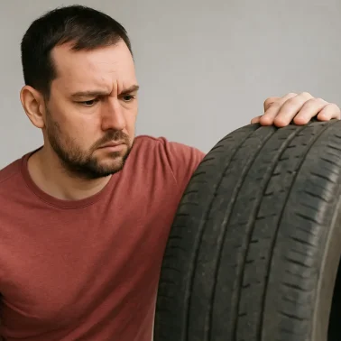 Άνδρας κοιτάζει προσεκτικά ένα φθαρμένο ελαστικό αυτοκινήτου, συμβολίζοντας την ανάγκη αντικατάστασης και τη συζήτηση για το επίδομα ελαστικών.