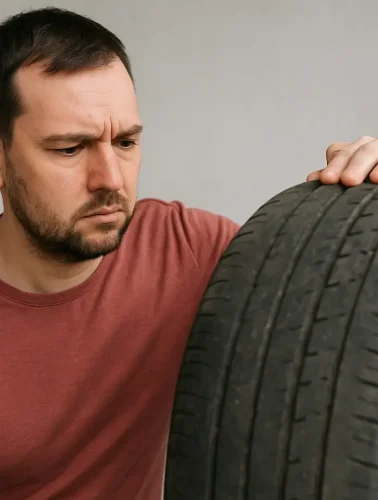 Άνδρας κοιτάζει προσεκτικά ένα φθαρμένο ελαστικό αυτοκινήτου, συμβολίζοντας την ανάγκη αντικατάστασης και τη συζήτηση για το επίδομα ελαστικών.