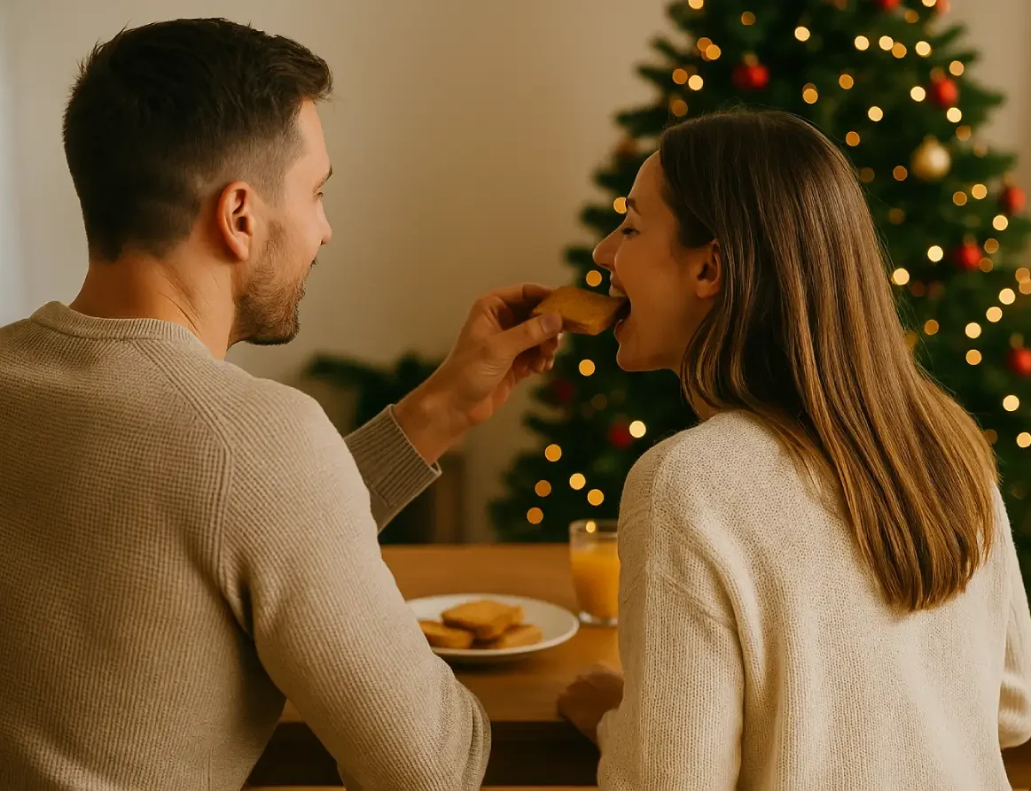 Νηστεία Χριστουγέννων – Ζευγάρι απολαμβάνει ελαφρύ γεύμα μπροστά στο δέντρο.