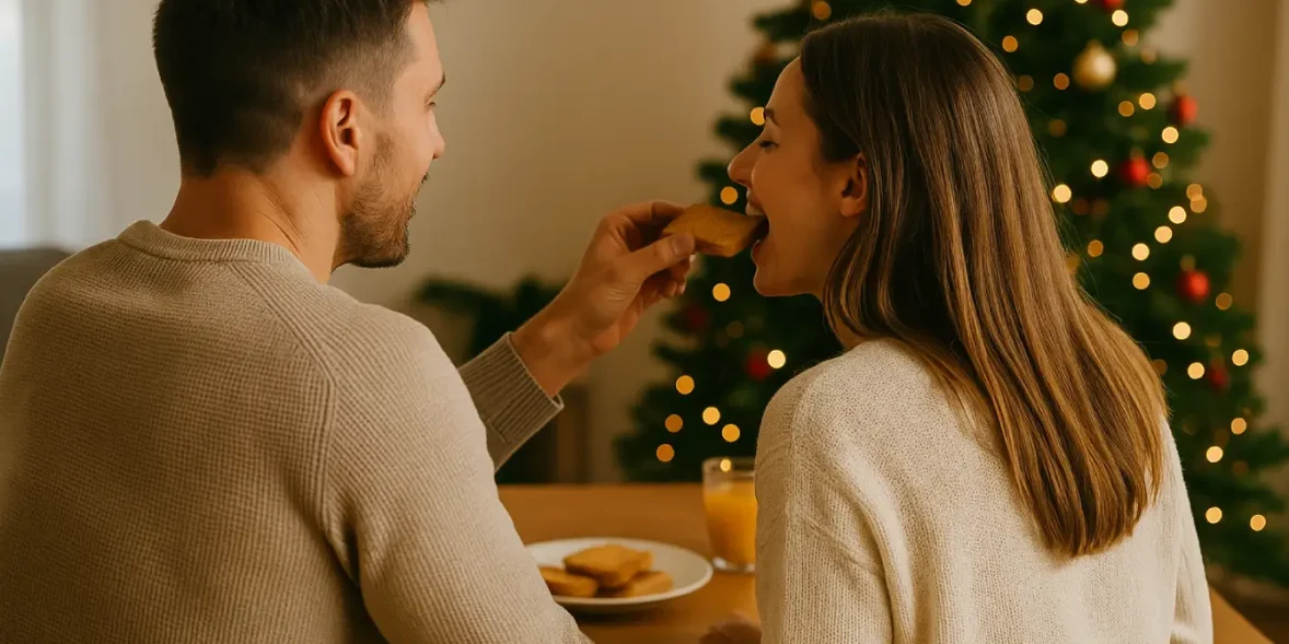 Νηστεία Χριστουγέννων – Ζευγάρι απολαμβάνει ελαφρύ γεύμα μπροστά στο δέντρο.