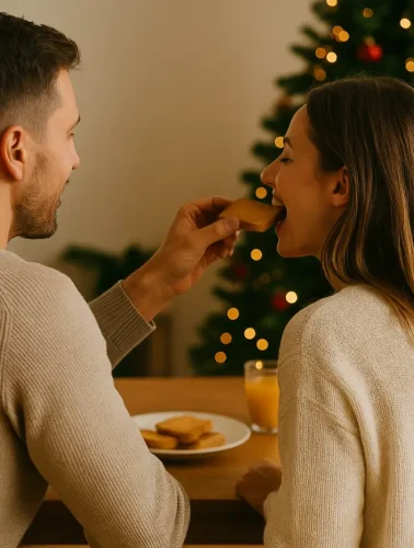 Νηστεία Χριστουγέννων – Ζευγάρι απολαμβάνει ελαφρύ γεύμα μπροστά στο δέντρο.