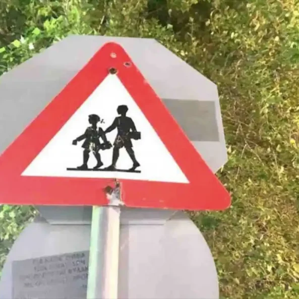 Πινακίδα σχολικής ζώνης μπροστά από δέντρο τη νύχτα