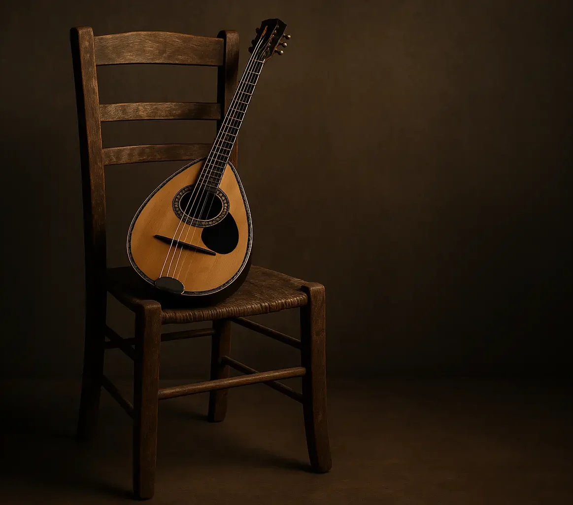 Μπουζούκι τοποθετημένο πάνω σε μια παλιά ξύλινη καρέκλα, με ζεστό φωτισμό και σκούρο φόντο.