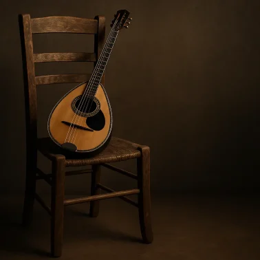 Μπουζούκι τοποθετημένο πάνω σε μια παλιά ξύλινη καρέκλα, με ζεστό φωτισμό και σκούρο φόντο.