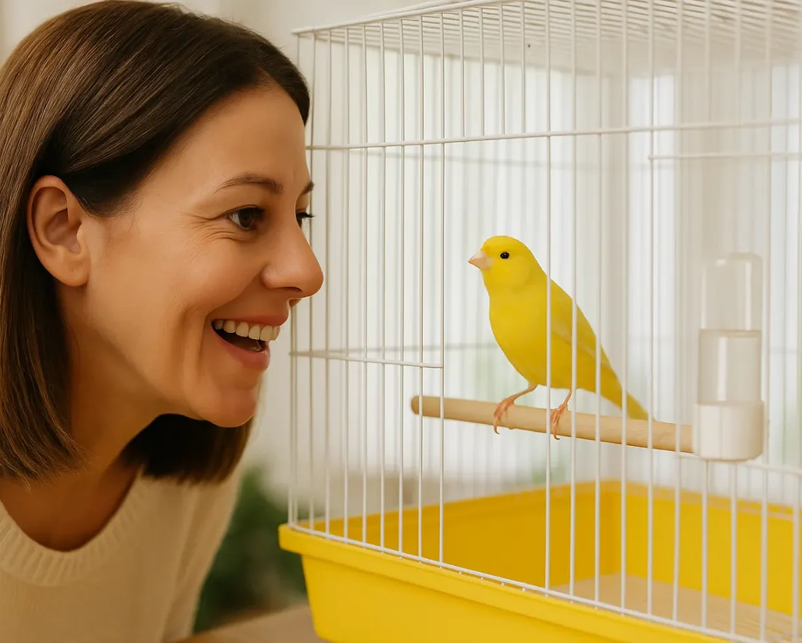Γυναίκα χαμογελά καθώς κοιτάζει ένα κίτρινο καναρίνι μέσα στο κλουβί του.