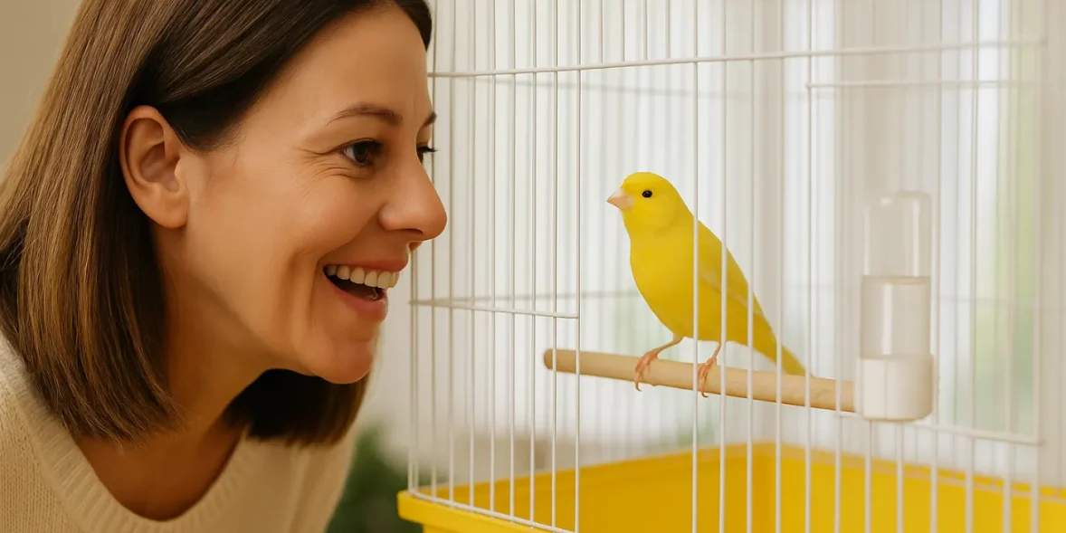Γυναίκα χαμογελά καθώς κοιτάζει ένα κίτρινο καναρίνι μέσα στο κλουβί του.