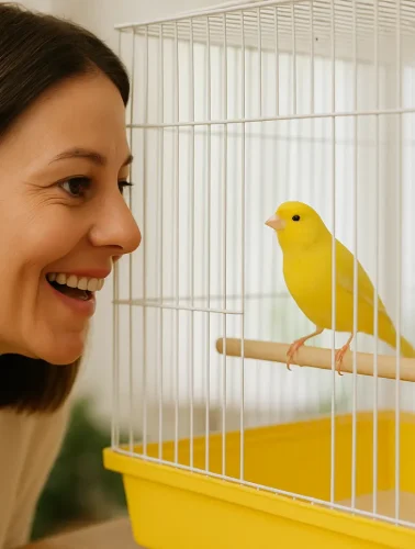Γυναίκα χαμογελά καθώς κοιτάζει ένα κίτρινο καναρίνι μέσα στο κλουβί του.