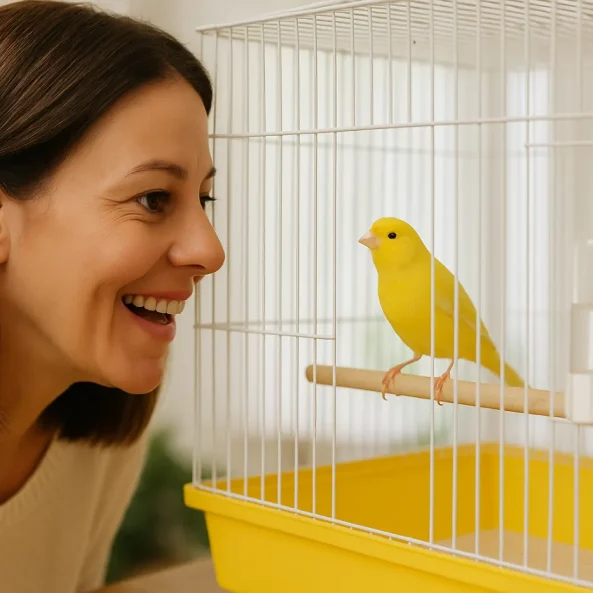 Γυναίκα χαμογελά καθώς κοιτάζει ένα κίτρινο καναρίνι μέσα στο κλουβί του.