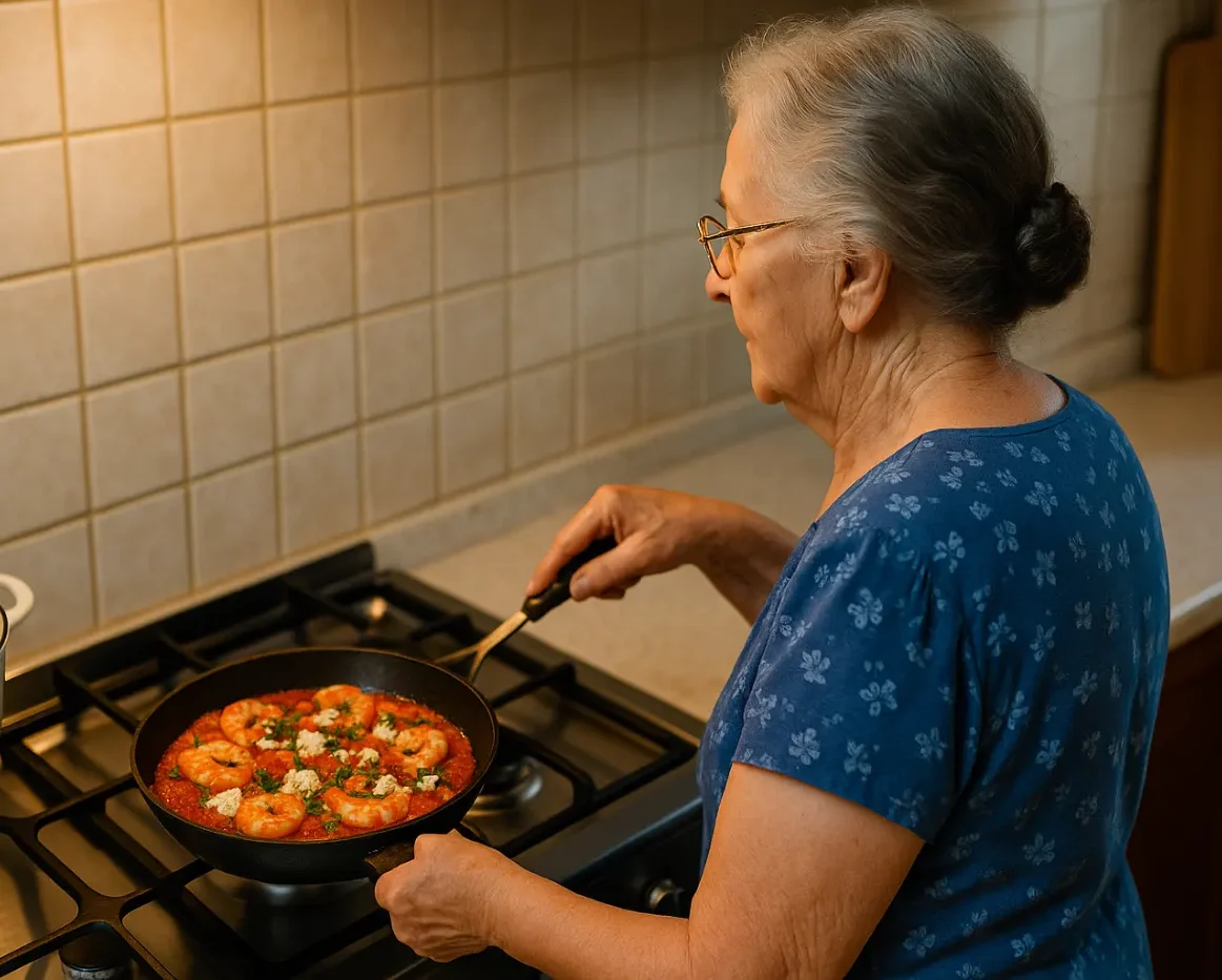 Η γιαγιά μαγειρεύει γαρίδες σαγανάκι σε τηγάνι μέσα στην κουζίνα της, φορώντας μπλε μπλούζα και έχοντας πιασμένα τα μαλλιά της κότσο.