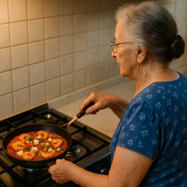Η γιαγιά μαγειρεύει γαρίδες σαγανάκι σε τηγάνι μέσα στην κουζίνα της, φορώντας μπλε μπλούζα και έχοντας πιασμένα τα μαλλιά της κότσο.