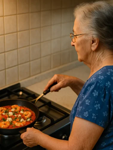 Η γιαγιά μαγειρεύει γαρίδες σαγανάκι σε τηγάνι μέσα στην κουζίνα της, φορώντας μπλε μπλούζα και έχοντας πιασμένα τα μαλλιά της κότσο.