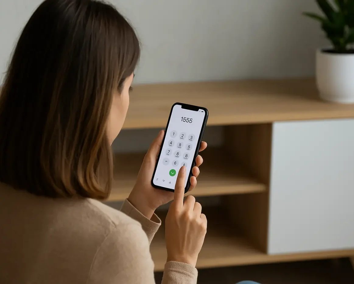 Γυναίκα (πλάτη) πληκτρολογεί αριθμό για να καλέσει το 1555 του e-ΕΦΚΑ