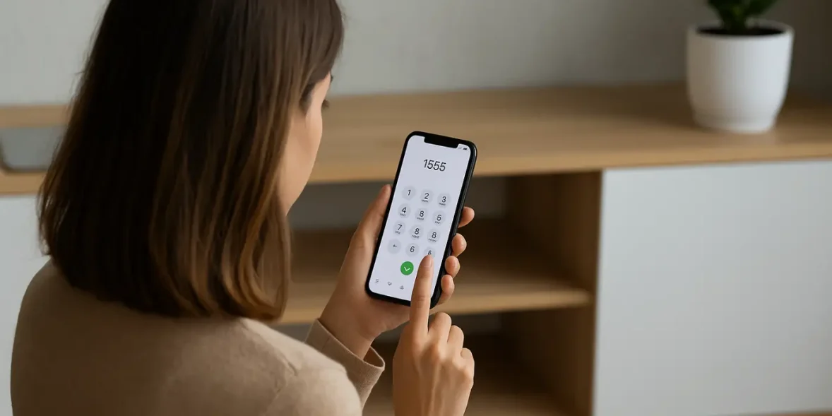 Γυναίκα (πλάτη) πληκτρολογεί αριθμό για να καλέσει το 1555 του e-ΕΦΚΑ