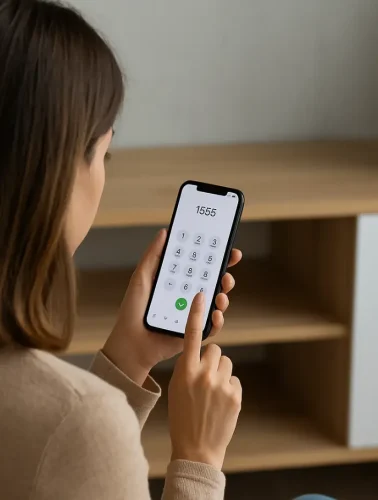 Γυναίκα (πλάτη) πληκτρολογεί αριθμό για να καλέσει το 1555 του e-ΕΦΚΑ