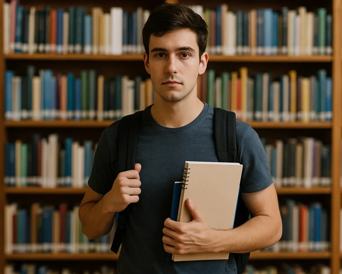 Φοιτητής μπροστά από βιβλιοθήκη κρατά σημειώσεις και βιβλία, συμβολίζοντας τη διαδικασία Εύδοξος δήλωση συγγραμμάτων στα ελληνικά πανεπιστήμια.