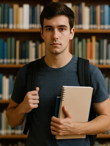 Φοιτητής μπροστά από βιβλιοθήκη κρατά σημειώσεις και βιβλία, συμβολίζοντας τη διαδικασία Εύδοξος δήλωση συγγραμμάτων στα ελληνικά πανεπιστήμια.