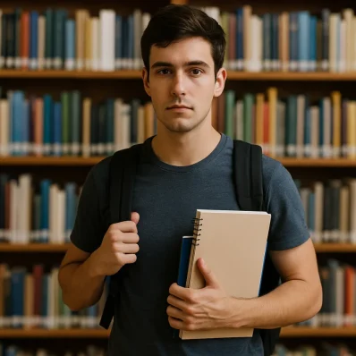Φοιτητής μπροστά από βιβλιοθήκη κρατά σημειώσεις και βιβλία, συμβολίζοντας τη διαδικασία Εύδοξος δήλωση συγγραμμάτων στα ελληνικά πανεπιστήμια.