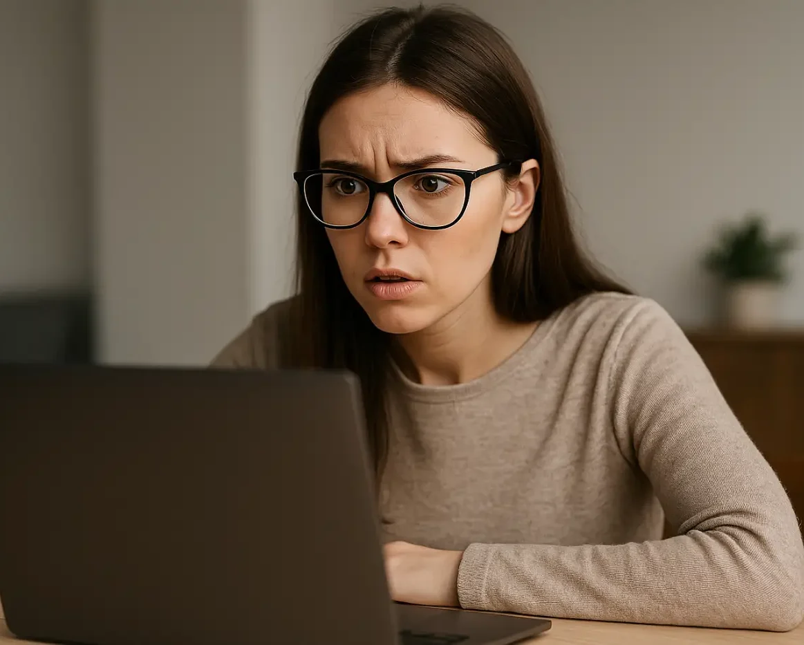 Γυναίκα με γυαλιά κοιτάζει με απορία την οθόνη του υπολογιστή της, αναζητώντας τον αριθμό μητρώου ΕΦΚΑ στο διαδίκτυο.