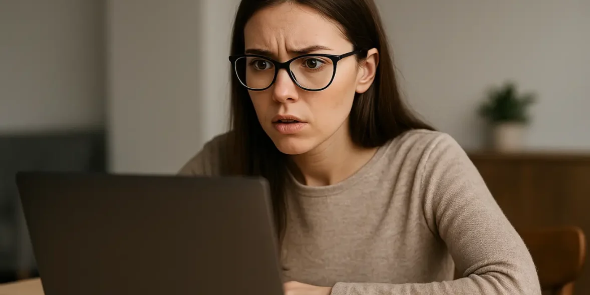Γυναίκα με γυαλιά κοιτάζει με απορία την οθόνη του υπολογιστή της, αναζητώντας τον αριθμό μητρώου ΕΦΚΑ στο διαδίκτυο.