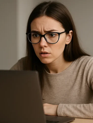 Γυναίκα με γυαλιά κοιτάζει με απορία την οθόνη του υπολογιστή της, αναζητώντας τον αριθμό μητρώου ΕΦΚΑ στο διαδίκτυο.