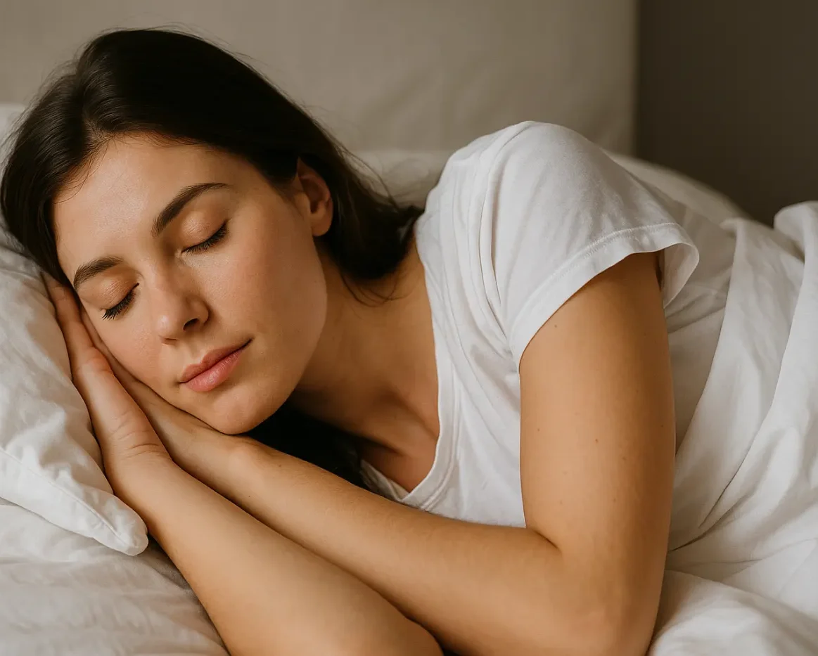 Γυναίκα κοιμάται ήρεμα σε λευκό κρεβάτι, συμβολίζοντας τα όνειρα και την ψυχική ηρεμία.