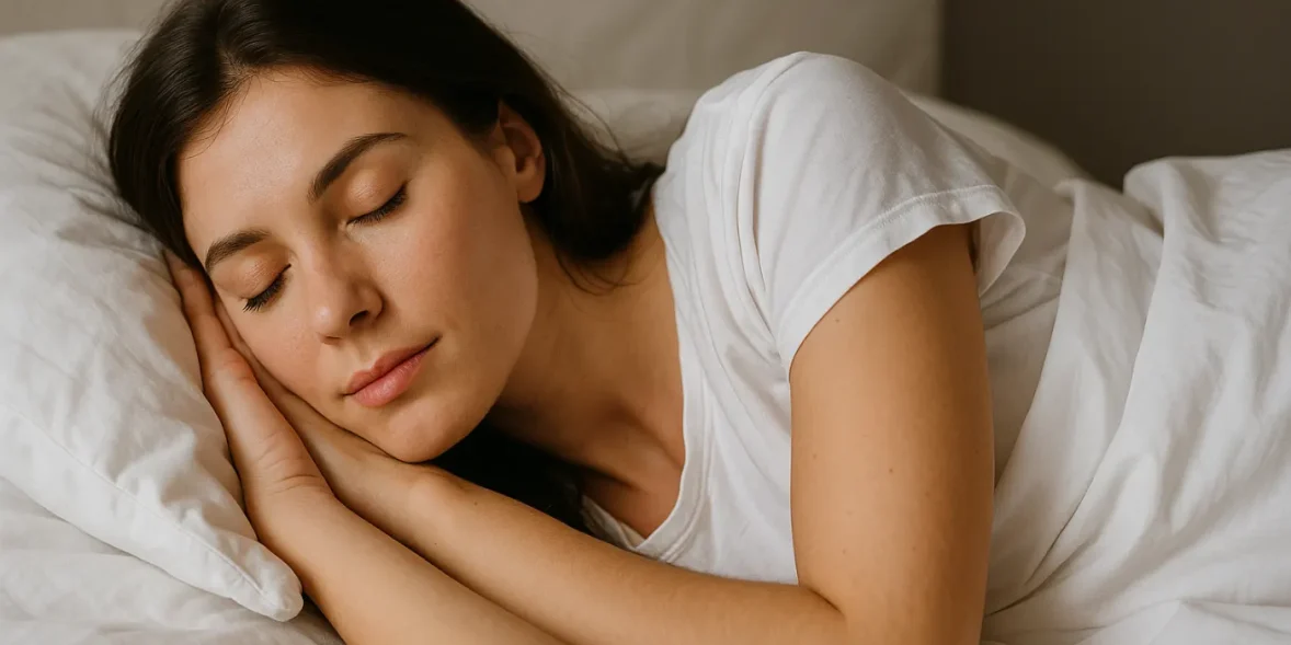Γυναίκα κοιμάται ήρεμα σε λευκό κρεβάτι, συμβολίζοντας τα όνειρα και την ψυχική ηρεμία.
