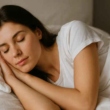 Γυναίκα κοιμάται ήρεμα σε λευκό κρεβάτι, συμβολίζοντας τα όνειρα και την ψυχική ηρεμία.