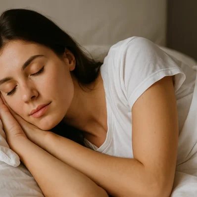 Γυναίκα κοιμάται ήρεμα σε λευκό κρεβάτι, συμβολίζοντας τα όνειρα και την ψυχική ηρεμία.