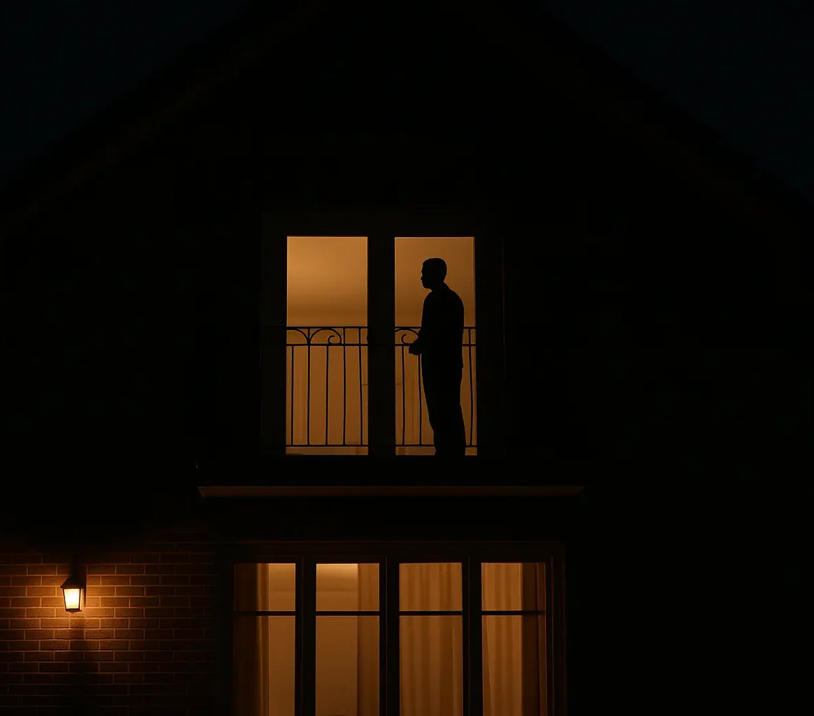 Σπίτι φωτισμένο τη νύχτα, με μια σκοτεινή ανθρώπινη φιγούρα να στέκεται στο μπαλκόνι και το φως από το εσωτερικό να φωτίζει απαλά τον χώρο.