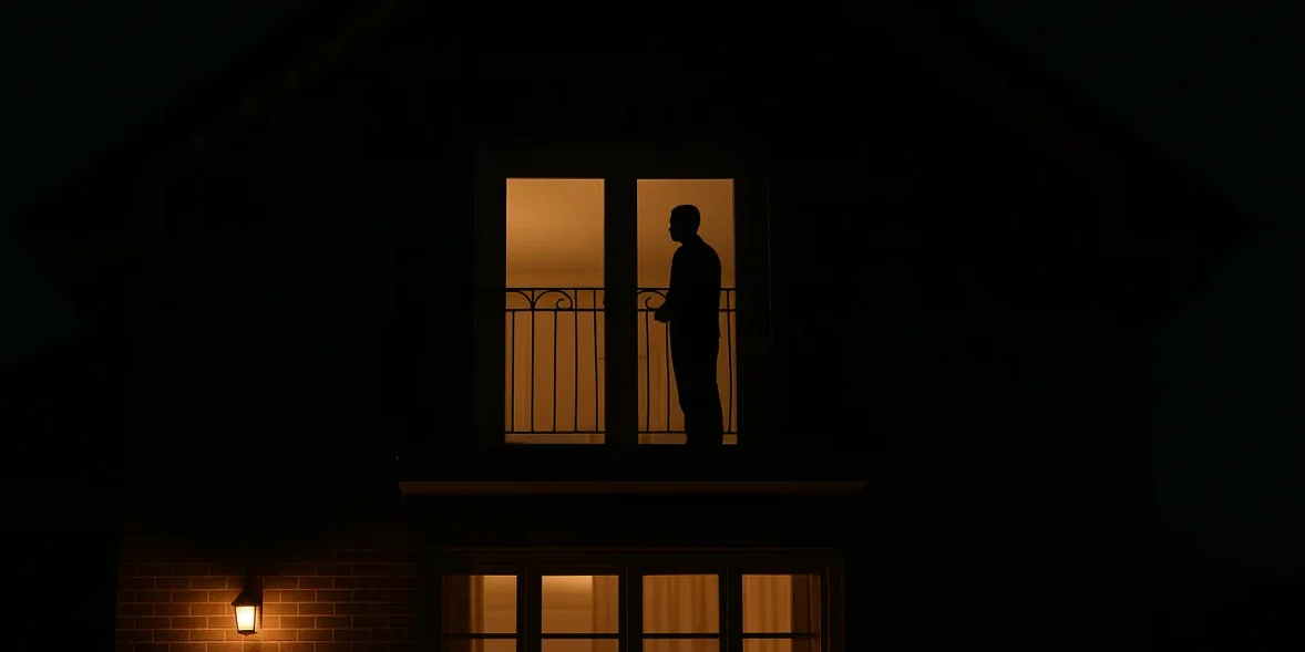 Σπίτι φωτισμένο τη νύχτα, με μια σκοτεινή ανθρώπινη φιγούρα να στέκεται στο μπαλκόνι και το φως από το εσωτερικό να φωτίζει απαλά τον χώρο.