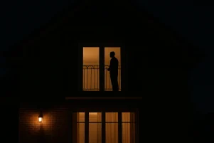 Σπίτι φωτισμένο τη νύχτα, με μια σκοτεινή ανθρώπινη φιγούρα να στέκεται στο μπαλκόνι και το φως από το εσωτερικό να φωτίζει απαλά τον χώρο.