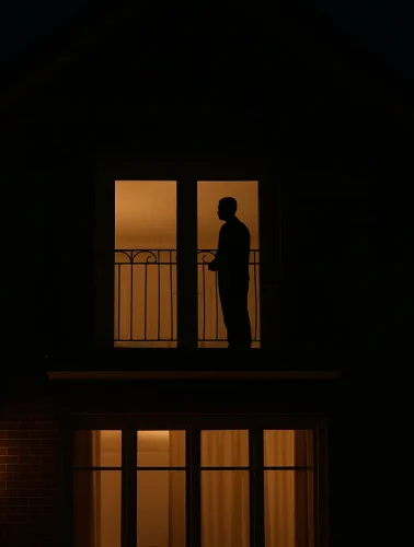 Σπίτι φωτισμένο τη νύχτα, με μια σκοτεινή ανθρώπινη φιγούρα να στέκεται στο μπαλκόνι και το φως από το εσωτερικό να φωτίζει απαλά τον χώρο.