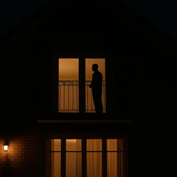 Σπίτι φωτισμένο τη νύχτα, με μια σκοτεινή ανθρώπινη φιγούρα να στέκεται στο μπαλκόνι και το φως από το εσωτερικό να φωτίζει απαλά τον χώρο.