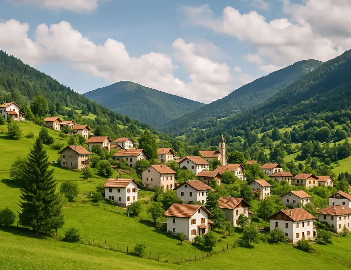 Ορεινό ελληνικό χωριό με σπίτια και εκκλησία μέσα σε καταπράσινη κοιλάδα.