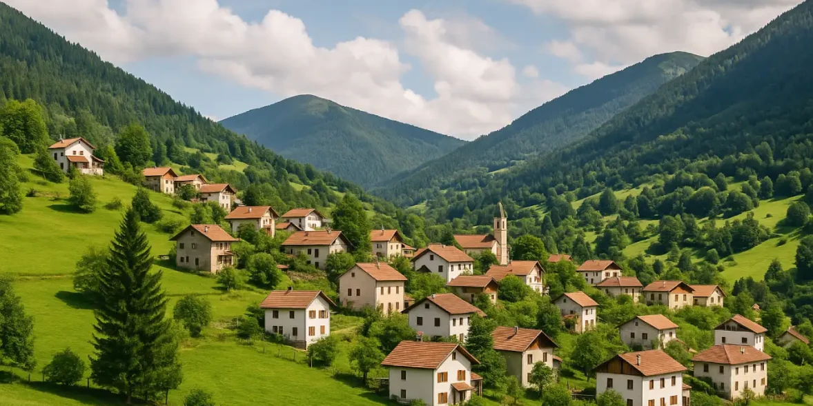 Ορεινό ελληνικό χωριό με σπίτια και εκκλησία μέσα σε καταπράσινη κοιλάδα.